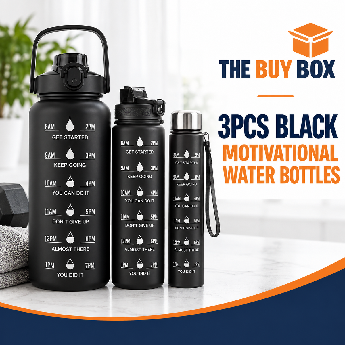 3Pcs Black Motivational Water Bottles in The Buy Box branded product design