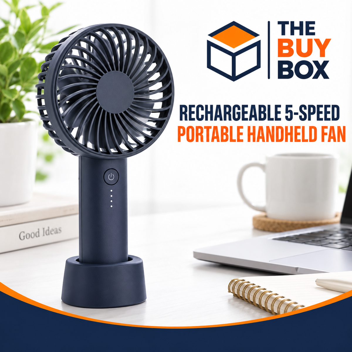 Rechargeable 5-Speed Portable Handheld Fan in The Buy Box branded product design