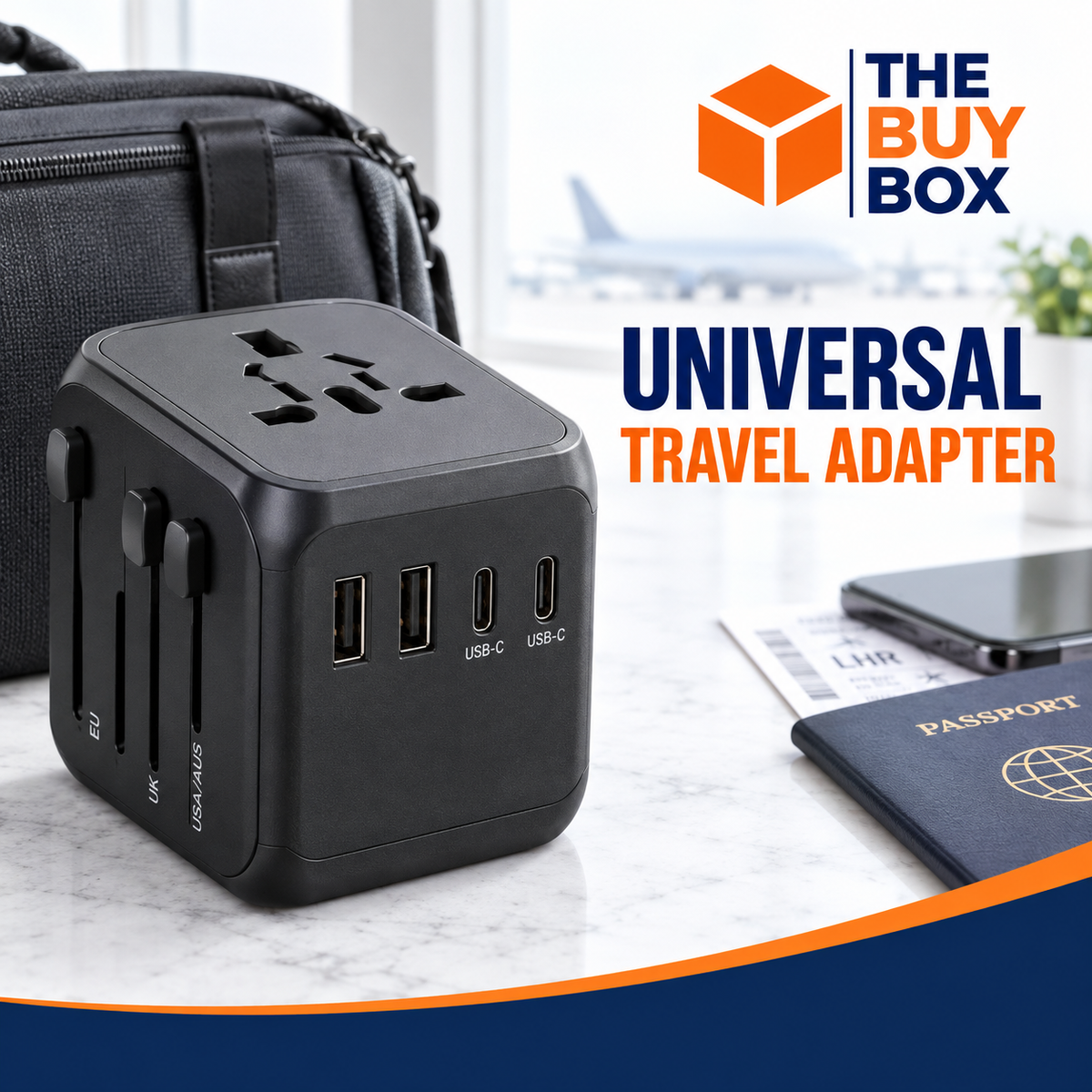 Universal travel adapter in The Buy Box branded product design